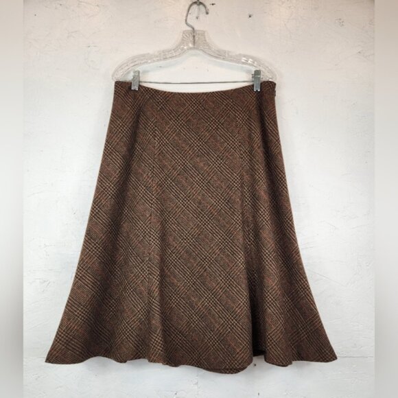 Chaps RL Women Wool Blend Skirt Size 12‎ Brown Plaid Lined A Line Side Zip - Picture 1 of 4